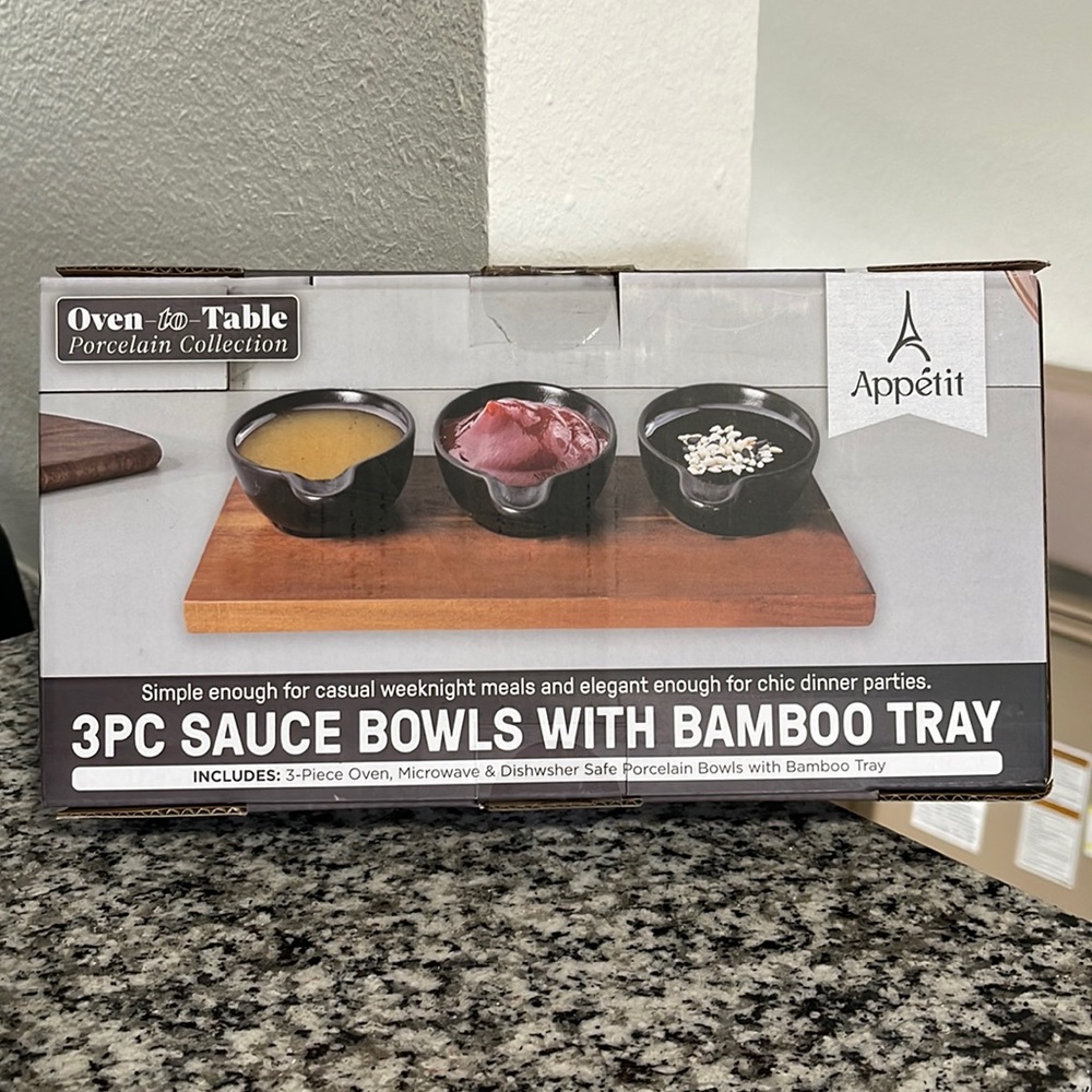 3pc Sauce Bowl Set w/Bamboo Tray NEW